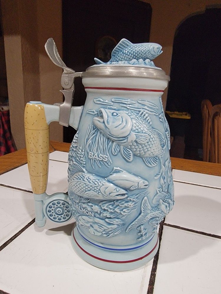 Vintage 1990 Fishing Beer Stein Bass Trout 8in.tall $20