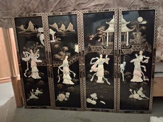 Vintage 4-Panel Asian Black Lacquer Inlaid Decorative Screen