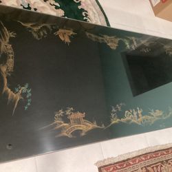 Long Designer Oriental Coffee Table Gold Trim, Glass top Protector, Bottom Shelf, Asking $390. Obo 