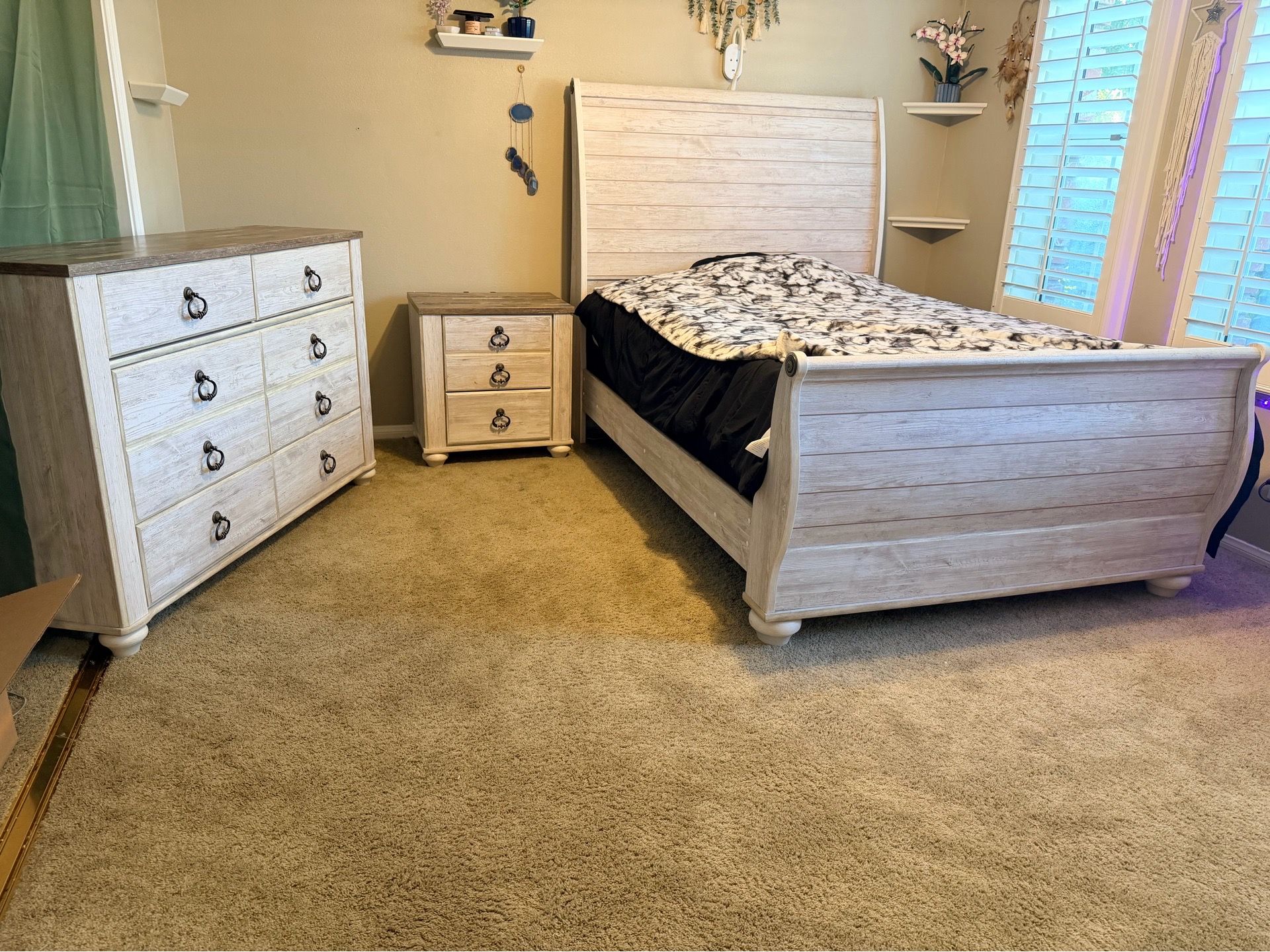 3 piece rustic white wood bedroom set with full size bed frame only, dresser and night stand.