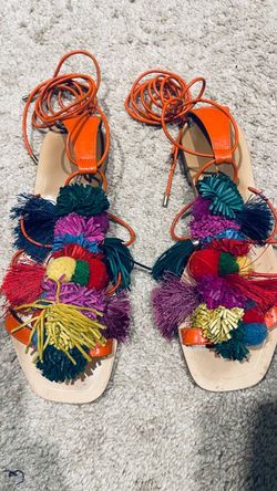 ZARA Multicolor Tassel Pom-Pom Lace-Up Sandals – Orange – Size 37 / US 7