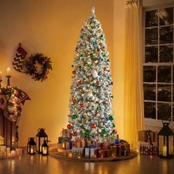 7.5Ft Pre-lit Flocked Pencil Artificial Christmas Tree Holiday Decoration Hinged Spruce with Foldable Stand & Incandescent Warm White Lights