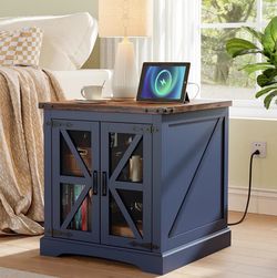 End Table, Rustic Coffee Table with Barn Doors, 24'' Large Side Table with Charger Station, Wood Square Bedside Table with Adjustable Storage Shelf fo