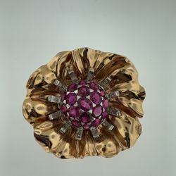 Retro 5.50ct Burma Rubies & Diamonds Pansy Flower 14Kt Rose Gold Brooch Pin 1940