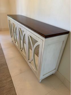 Whitewashed Mirrored Console / Sideboard with Dark Wood Top | Excellent Condition