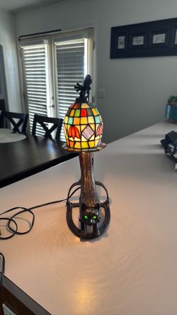Vintage, heavy, cast-iron, cat lamp, hand blown glass
