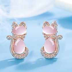Cat Pink Jade Rose Gold Plate Earring Earring 