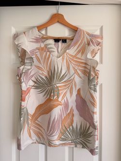 🌴👚 Like-New Tahari V-Neck 100% Linen Cap Sleeve Tropical Botanical Palm Leaves Shirt Women’s S/M