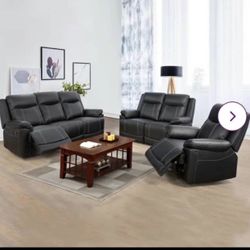 Black Leather Fully Reclining Three Piece Couch Set