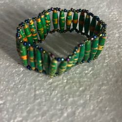 Handmade Green Beads  With Iridescent Band Of Beans