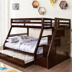 Brand New Espresso Twin Over Full Bunk Bed W Staircase (Trundle Sold Separately)