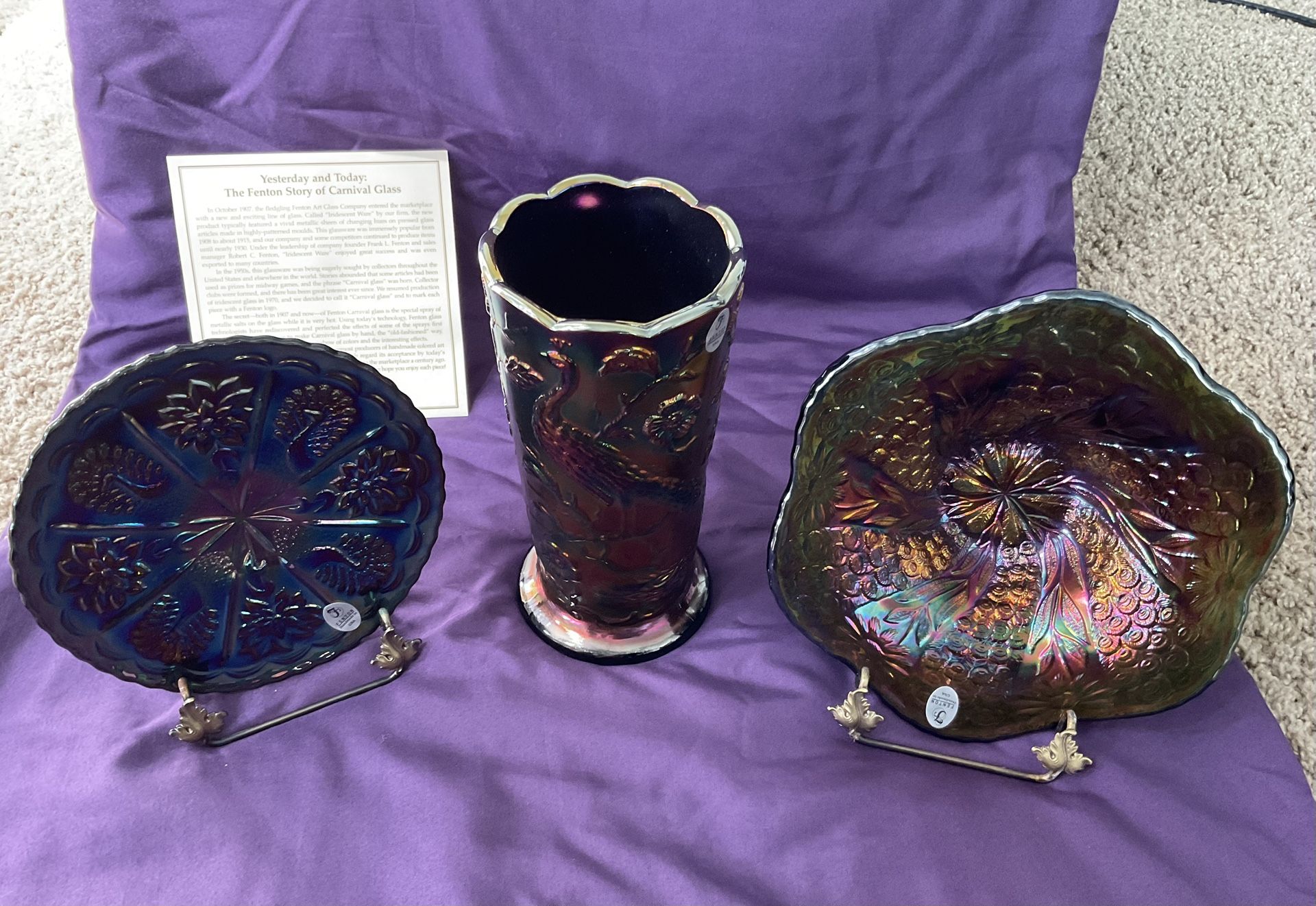 Limited Edition Fenton Carnival Glass 3-piece Peacock Art Glass Set Numbered /900