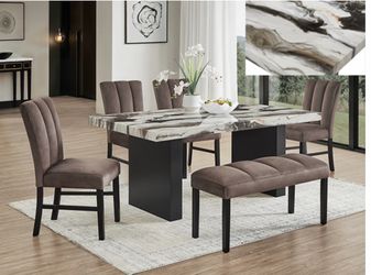 VEGA FAUX MARBLE DINING TABLE WITH CHAIRS AND BENCH