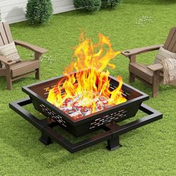 36" Fire Pit for Outside, Square Outdoor Wood Burning Firepit with Poker for Camping, Backyard, Patio, Black
