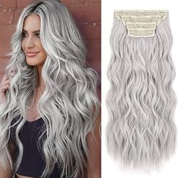REECHO Hair Extensions, 4PCS Clip in Hair Extensions HE001 Natural Soft Synthetic Hairpieces for Women (20 Inch-200 Gram (Pack of 4), Grey)