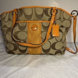 Genuine Coach Purse In Tan And Brown With Orange Accents