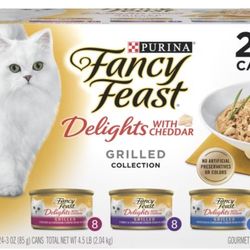 Fancy Feast Delights with Cheddar Grilled Variety Pack Canned Cat Food.  Expires Jan. 2026. 