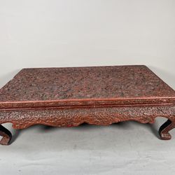 Antique Chinese Red Cinnnabar Lacquered Carved Dragons Low Tea Table Stand