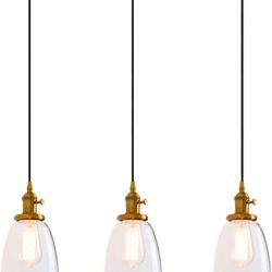 Permo Vintage Rustic Industrial 3-Lights Kitchen Island Chandelier Triple 3 Heads Pendant Hanging Ceiling Lighting Fixture with Oval Cone Clear Glass