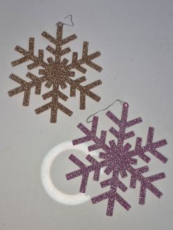 Lot of 2 Large Pink Gold Glitter Snowflake Christmas Ornaments Holiday Decor