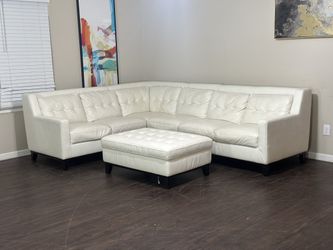 Real Leather Cream Tuffted sectional + Ottoman (Delivery!)