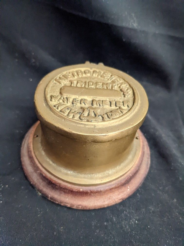 Vintage Box Metrometer Trident Water Meter New York Steampunk Heavy Brass Box Wood Base Fancy