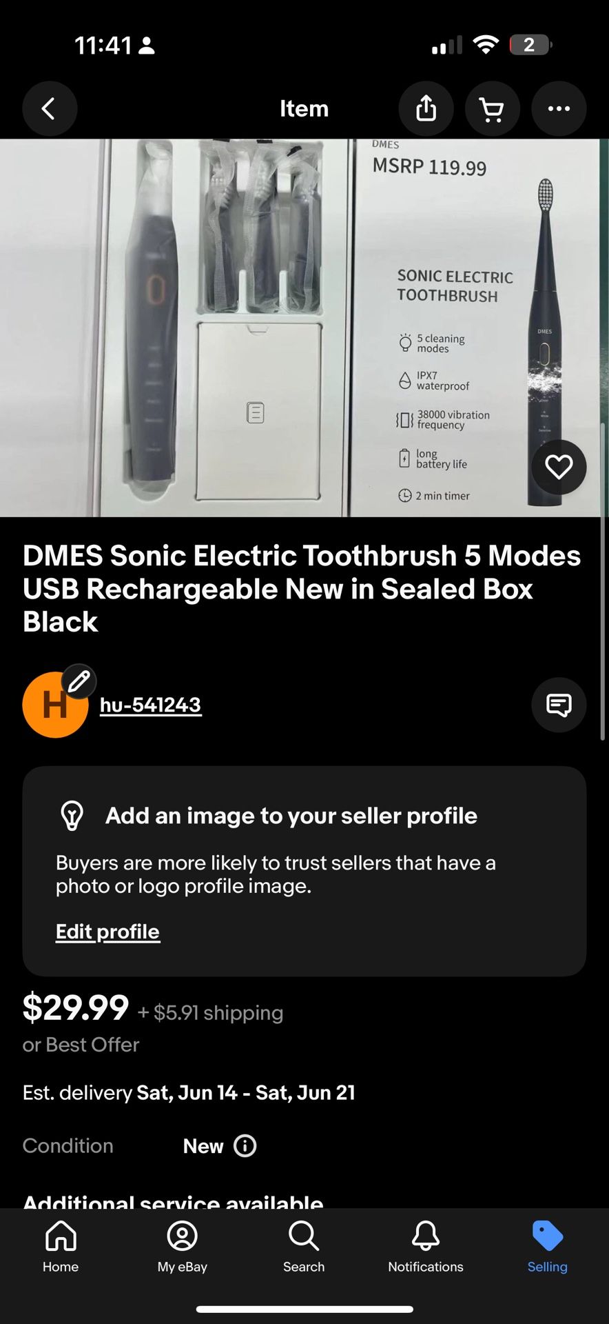 DMES Sonic Electric Toothbrush 5 Modes USB Rechargeable New in Sealed Box Black