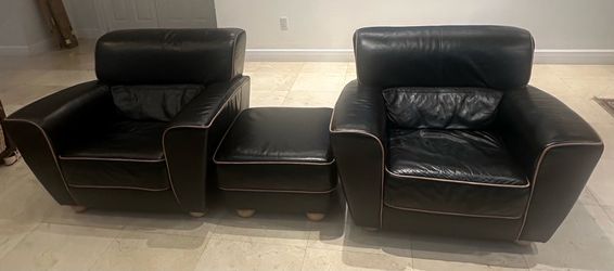 Black Leather Sofa Set – Loveseat, Chair & Ottoman – Genuine Leather, Made in Germany