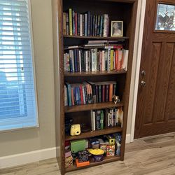 Brown wood tall bookshelf 5 shelves simple modern