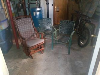 Antique Wooden Rocking Chair, Two Patio Chairs