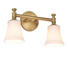 Gold Bathroom Vanity Light Fixtures, Traditional Aged Brass 2 Lights Wall Sconce Lighting with Opal Glass Shade, Porch Wall Mount Light Fixture for Ba
