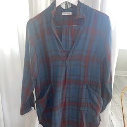 Free People CP Shades Blue Plaid Long Sleeve V-Neck Pullover Tunic Shirt ~ Small
