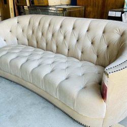 Beige Sofa - Luxurious Soft Velvet , Deep Crystal Button Tufting, Stylish Curved Back, Studded Trim
