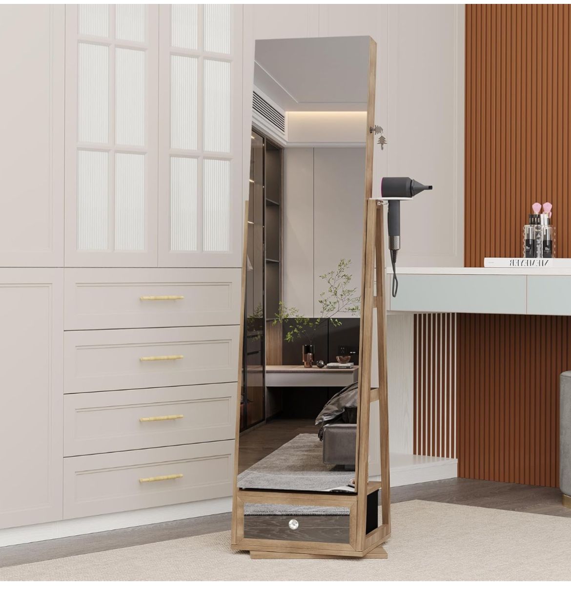 Full Length Mirror with Jewelry Armoire Storage - 360 Rotating Standing Jewelry Organizer Cabinet with Interior LED Lights, Sliding Mirror & Large Cap