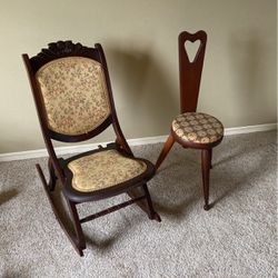 Wooden Folding Antique Rocking Chair   Or Tri Leg Kids Chair Wooden With Pattern Fabric 