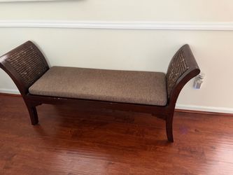 Dark Wood Upholstered Bench with Woven Arms