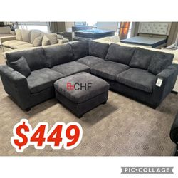 Black corduroy sectional sofa with ottoman 99"W X 99"D X 35"H