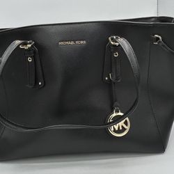 MICHAEL KORS Voyager Zip Tote Bag Black Leather Side Drawstrings 30H7GV6T8L