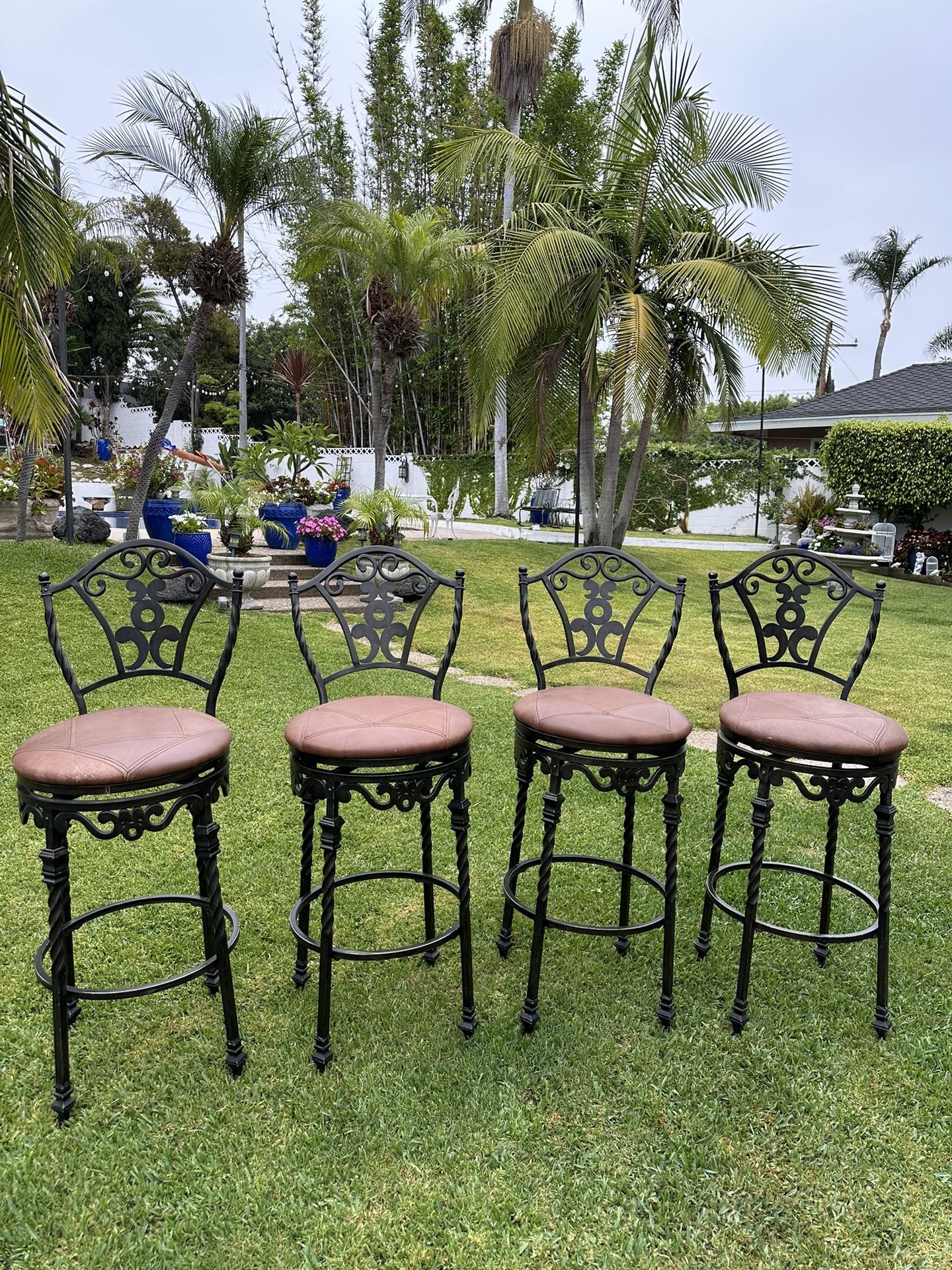 set Of 4 Wrought Iron & Leather Bar Stools