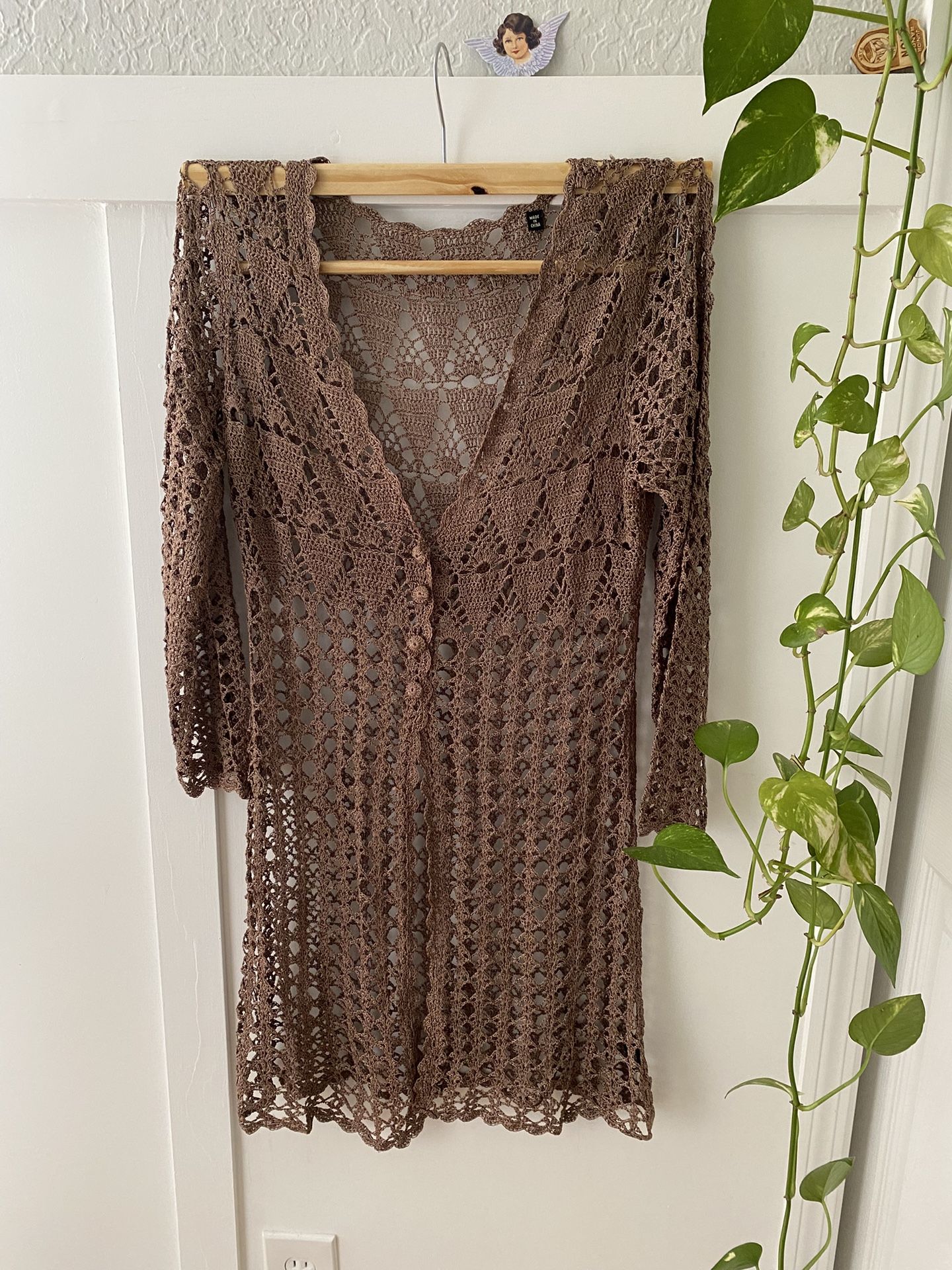 Barely used Copper-colored long-sleeved crochet knit cardigan