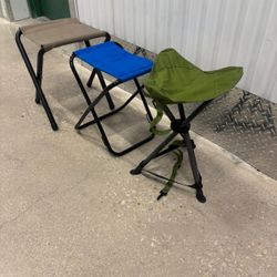 Mountaineering Tri-Leg Stool in cactus green, featuring a durable 600D polyester fabric seat and a powder-coated steel frame. Three camping stools $50