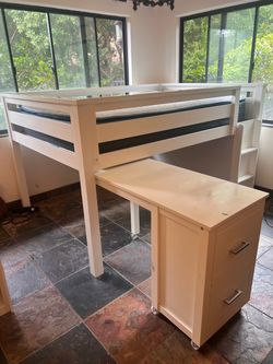 Full size White Wood Low Loft Bed with Rolling Desk & Storage set - Living Spaces "Reese"