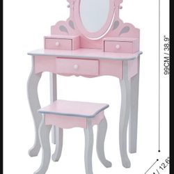 Comoda O Tocador Para Niñas Con Silla O Taburete Para Sentarse,espejo Y Cajones De Almacenamiento 