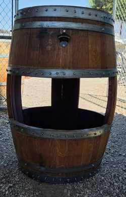 Wine barrel beverage cooler and table