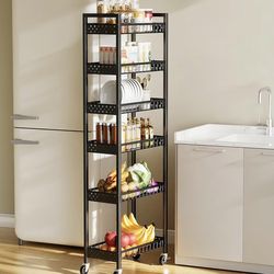 6 Tier Slim Storage Cart, Narrow Rolling Cart with Wheels, Narrow Mobile Utility Shelf Unit Organizer for Kitchen, Bathroom, Laundry Room, Living Room