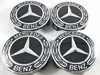 Set of 4 - New - Black - 75mm /3 Inch Mercedes Benz Wheel Caps - Mercedes Wheel Caps - Mercedes Benz Center Wheel Caps