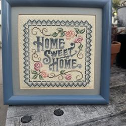VTG Cross Stitched “Home Sweet Home” Cottagecore Framed Picture 
