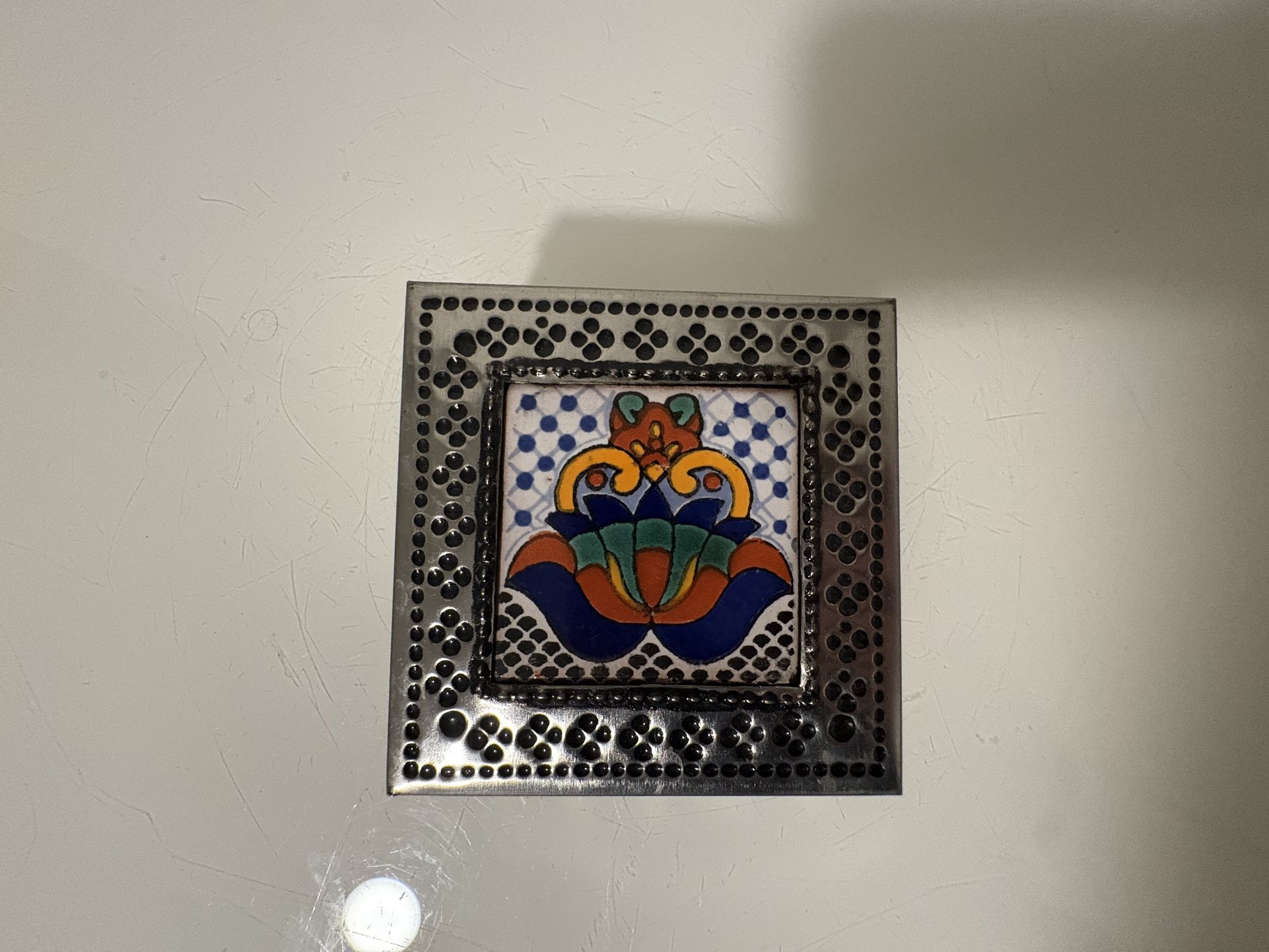 SMALL Trinket Box Punched Tin and Mexican Tile