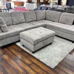 COSTCO Grey Chenille Sectional Couch And Ottoman