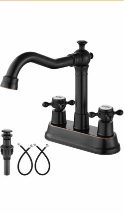Aolemi 4 Inch Centerset Bathroom Sink Faucet 2 H&C Handle Oil Rubbed Bronze Swivel Spout,Hot&Cold Label Cross Handle, Pop Up Drain, cUPC Hose, SUS304,
